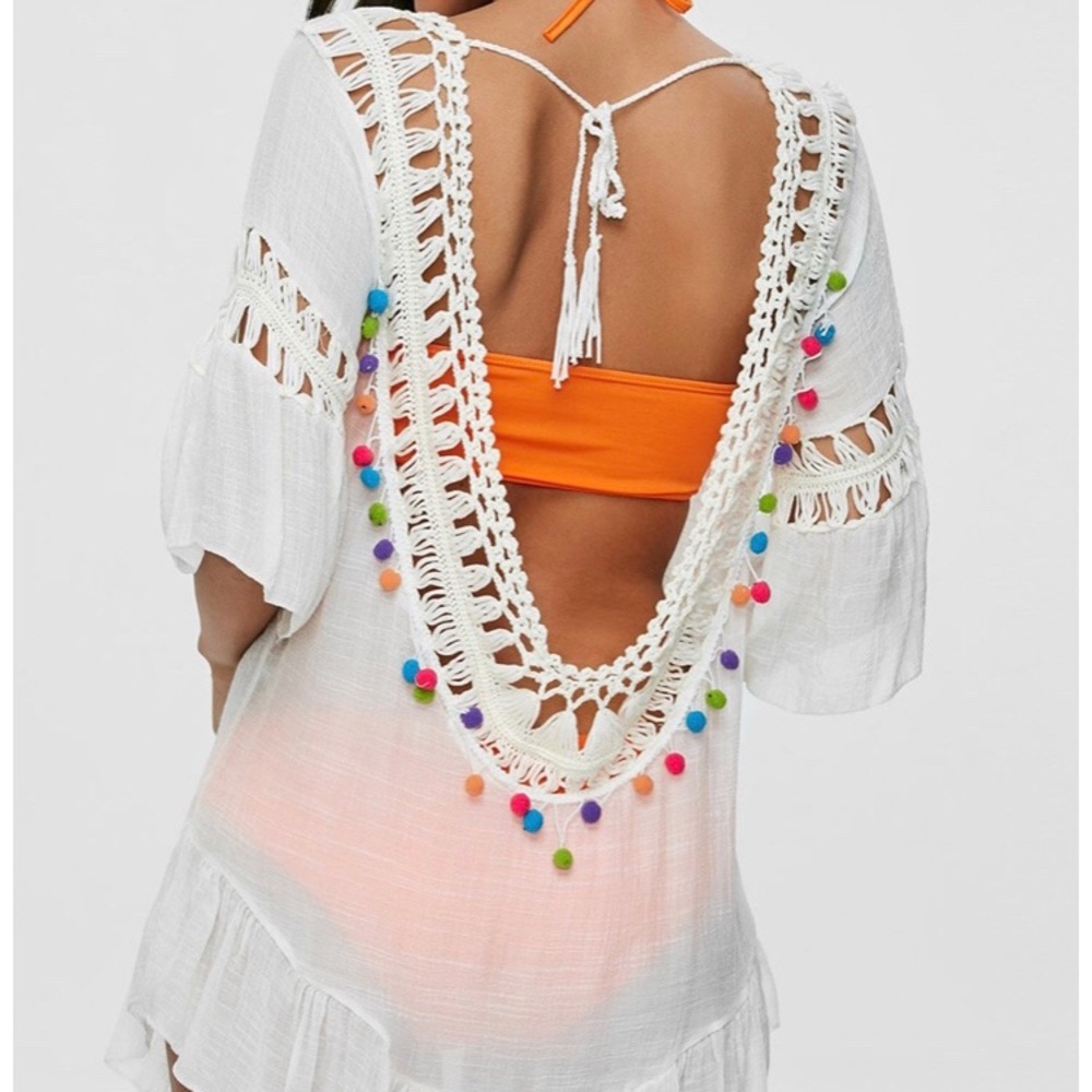 Pom Pom See-Through Crochet Tunic One Size - Picture 1 of 7
